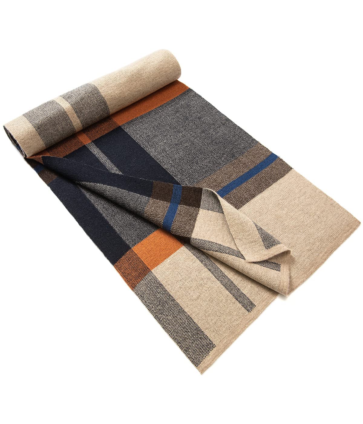 Villand Australian Merino Wool Tartan Knitted Scarf for Men, Plaid Winter Warm Thick Soft Neckwear with Gift Box, 12" W x 70" L (Camel Orange Tartan)