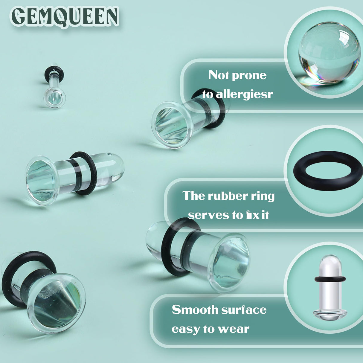 GEMQUEEN 24 PCS Glass Ear Stretching Kit Comfy Ear Gauges Tunnels Plugs Dead Stretching Kit with Rubber O-Rings Single Flare Unique 0.5mm Increments Hypoallergenic Domed Body Piercing Jewelry 14G-1G