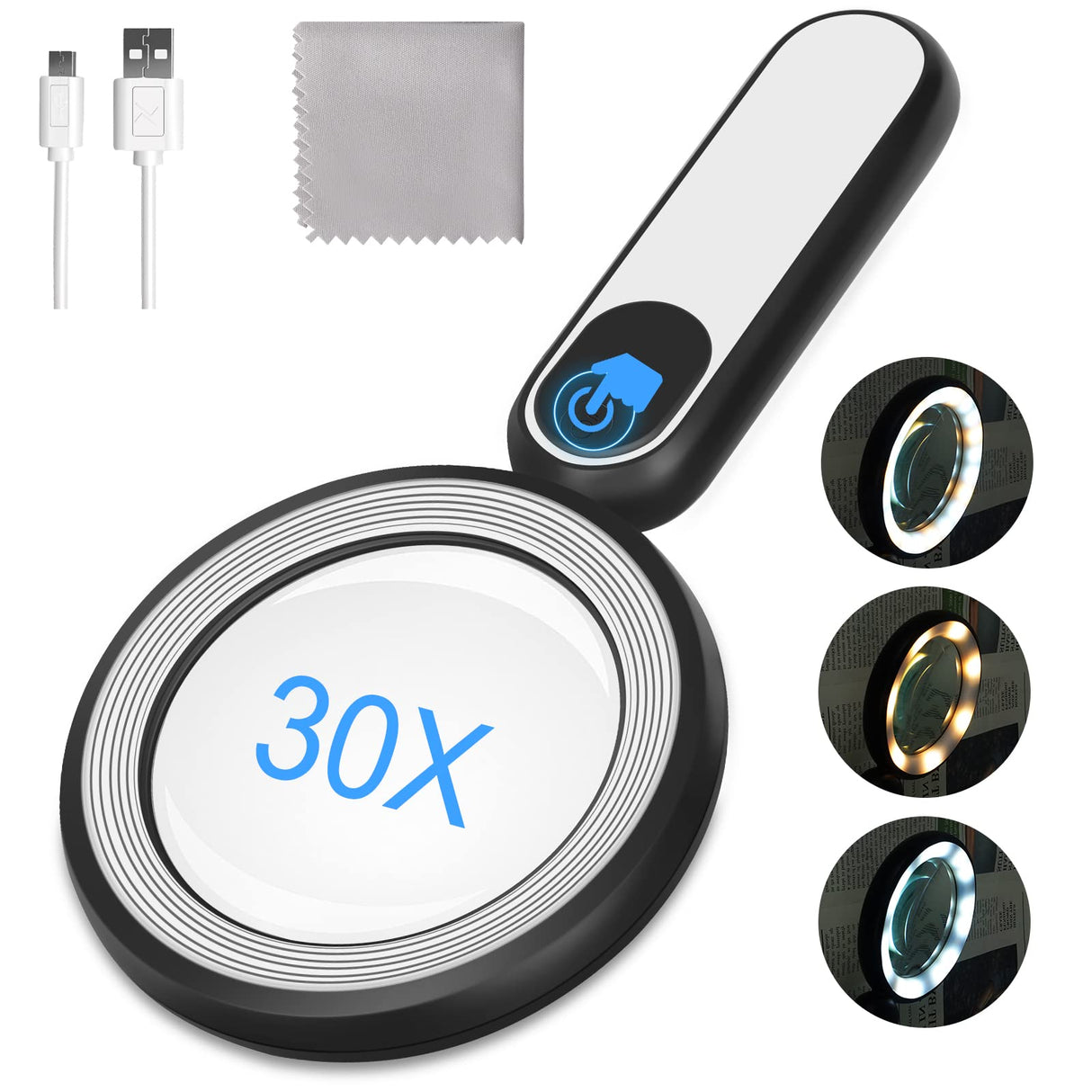 Rechargeable Magnifying Glass with Light, 30X 4.7IN Handheld Large Lightweight Lighted Magnify Len 21 LED 3 Modes Illuminated Book Magnifier forKids,Senior,Reading,Inspection,Coin,JewelryChristmasGift