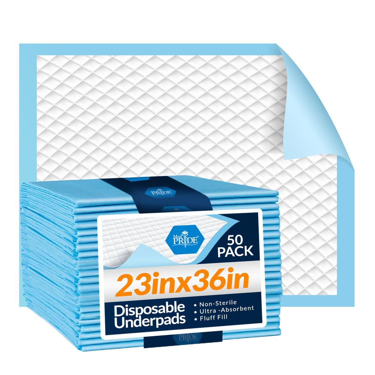 MED PRIDE Disposable Chux Pads 23in X 36in, Super Absorbent Bed Pads for Incontinence, Underpads for Adults, Kids, Pets (50 Count (Pack of 1) Blue/White)
