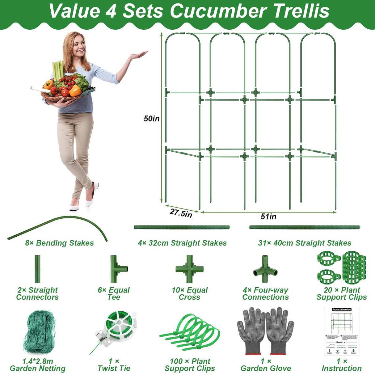 Cucumber Trellis for Raised Bed 51 x 50 Inch U-Shape Garden Trellis for Climbing Plants Outdoors Metal Garden Cucumbers Arch Trellis, Cucumber Plant Support for Tomato, Pea, Zucchini, Vine Flower