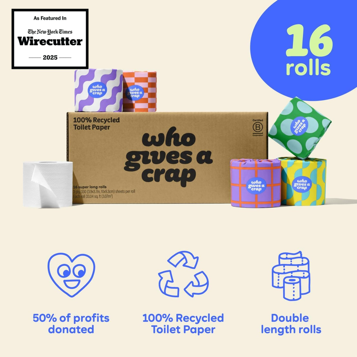 Who Gives A Crap | 100% Recycled Toilet Paper, 16 Rolls, 330 Sheets, Soft & Strong, Virgin Tree Free, Bulk Toilet Paper