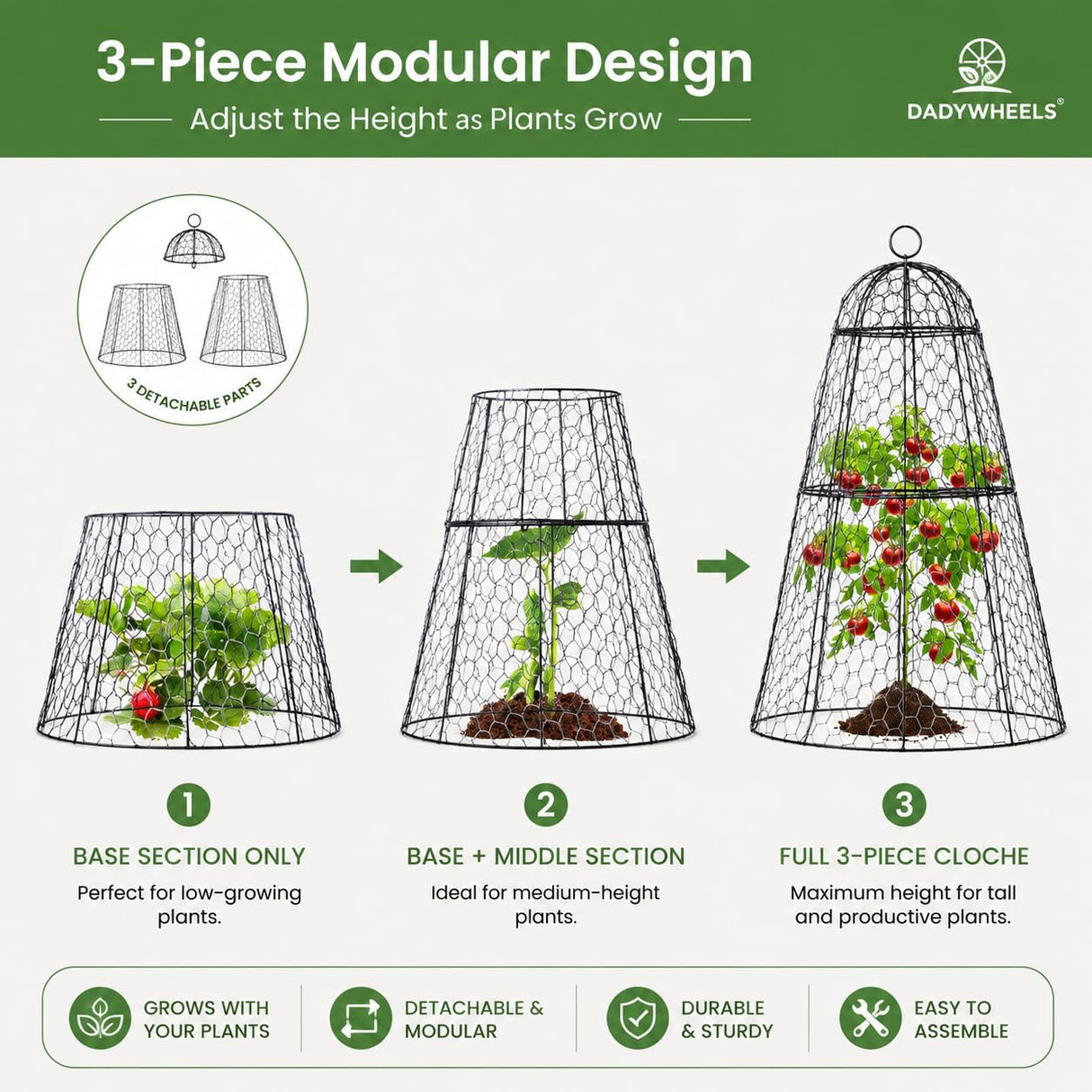Dadywheels Easy-Snap Open Design Chicken Wire Cloche (6-Pack) - Adjustable Garden Plant Protectors from Birds & Animals for Large Plants & Flowers,14" D x 20" H