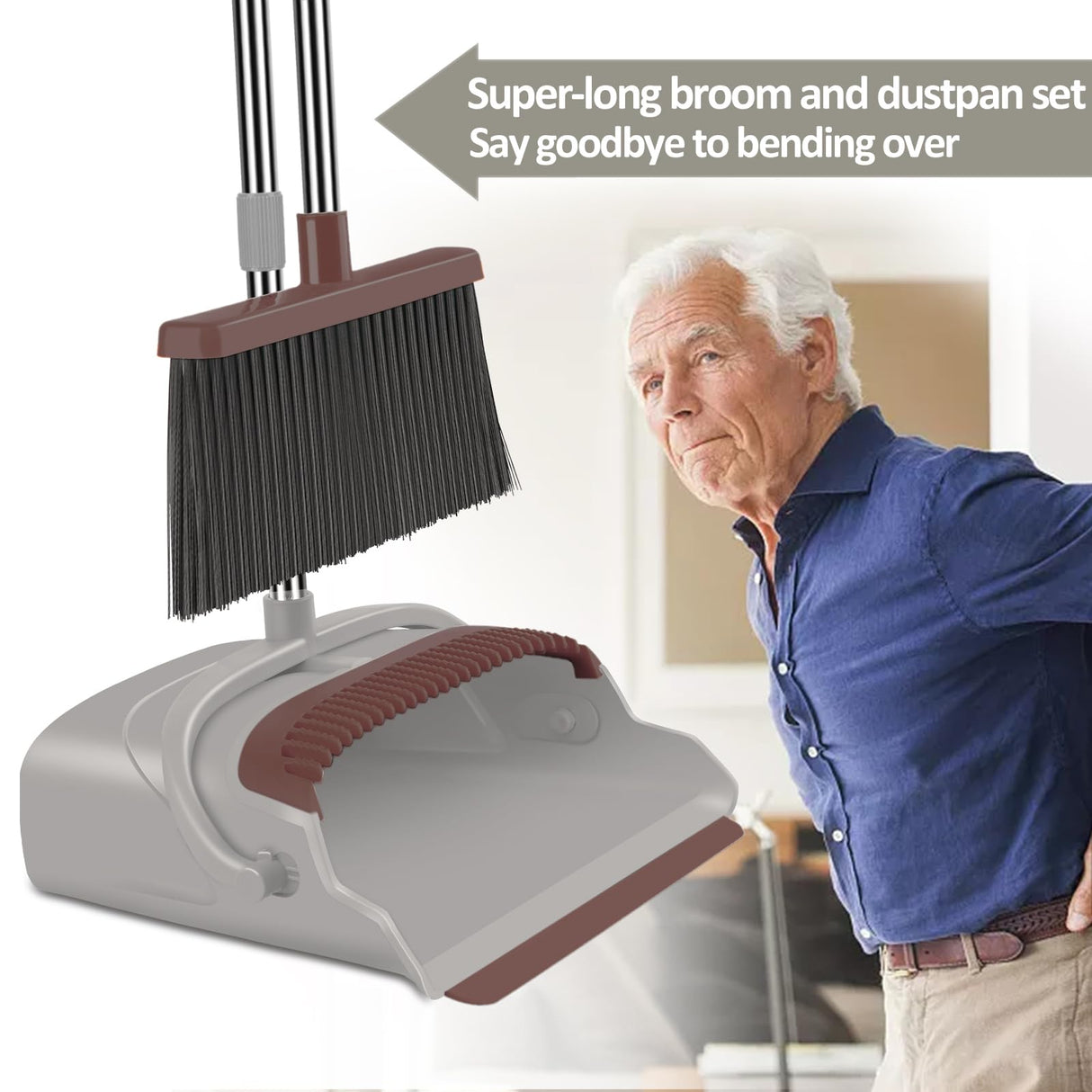 kelamayi Upgrade Broom and Dustpan Set, Self-Cleaning with Dustpan Teeth, Ideal for Dog Cat Pets Home Use, Super Long Handle Upright Stand Up Broom and Dustpan Set (Brown)