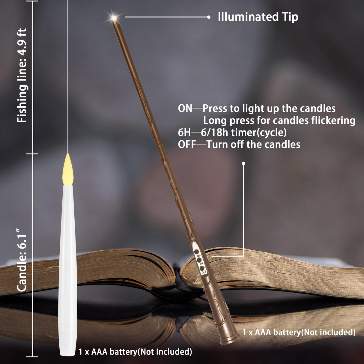 LUSHARBOR Floating Candles with Wand, 10 Pack Halloween Flameless Candles Battery Operated LED Taper Hanging Electric Candle for Christmas Halloween Birthday Party Decor 6.1in