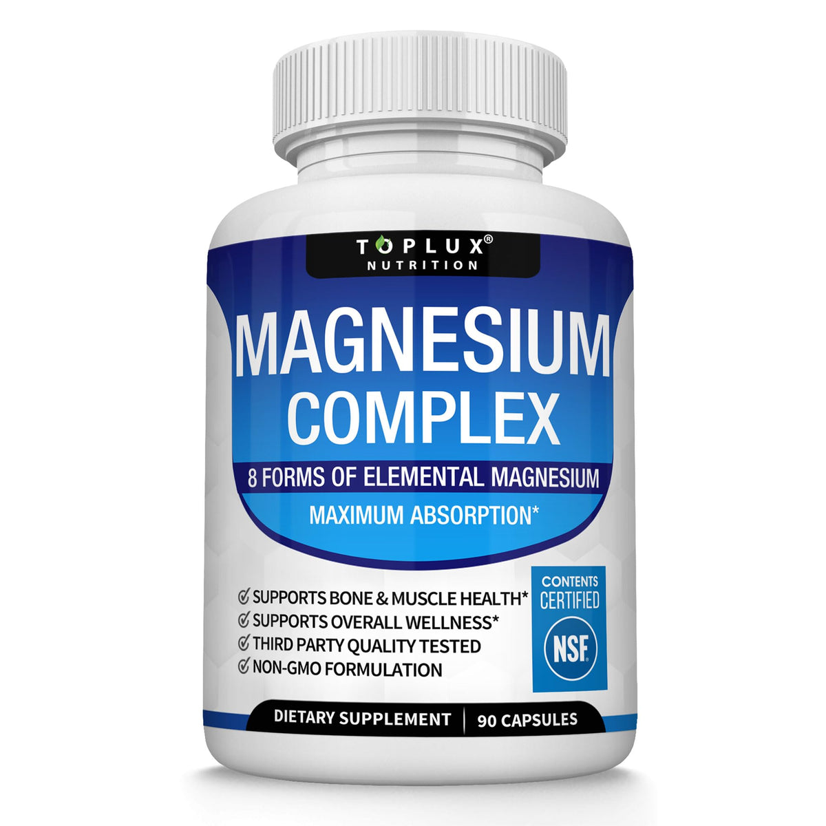 Toplux Magnesium Complex Supplement 8 Elemental - Magnesium Glycinate, Citrate, Malate, Taurate, Chelated for Easy Absorption for Bones, Muscle, Recovery, Energy, Vegan Non-GMO 90 Capsules