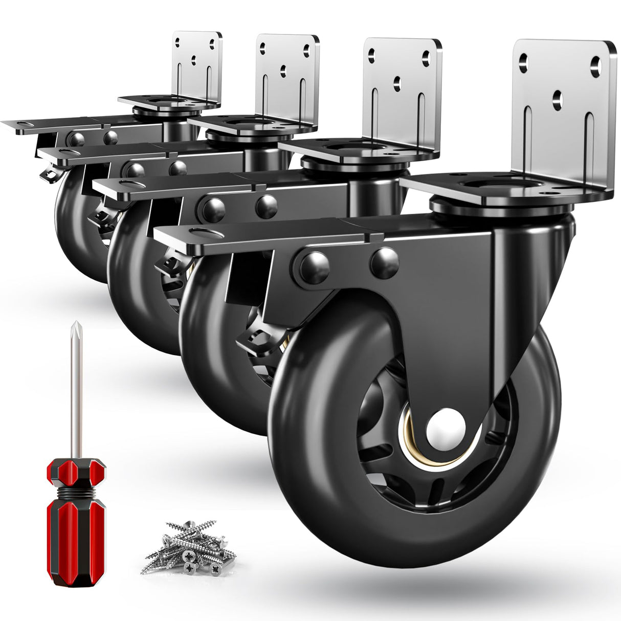 Side Mount Plate Caster Wheels - Thickened L-Shaped Mounting ,Heavy Duty 1200 LBS,Set of 4 with Brake,360° Swivel,Locking,Castor Wheels for Furniture,Carts,Cabinet,Table(Black, 3 inchs)
