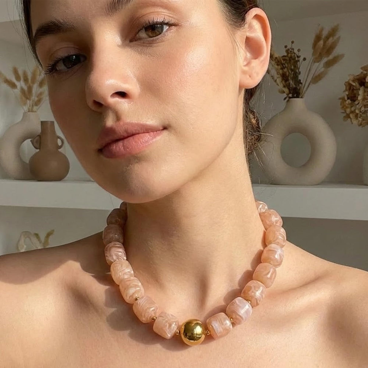 Mchic Khakki Beaded Choker Necklace for Women Chunky Square Acrylic Beads