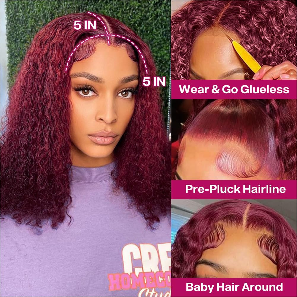 Ailwelia 99j Burgundy Deep Wave Bob Wig 200 Density 5x5 Hd Lace Closure Wigs Human Hair Curly Wigs For Women Deep Wigs Pre Plucked With Baby Hair Deep Wave Bob Burgundy Wig Glueless 14 Inch