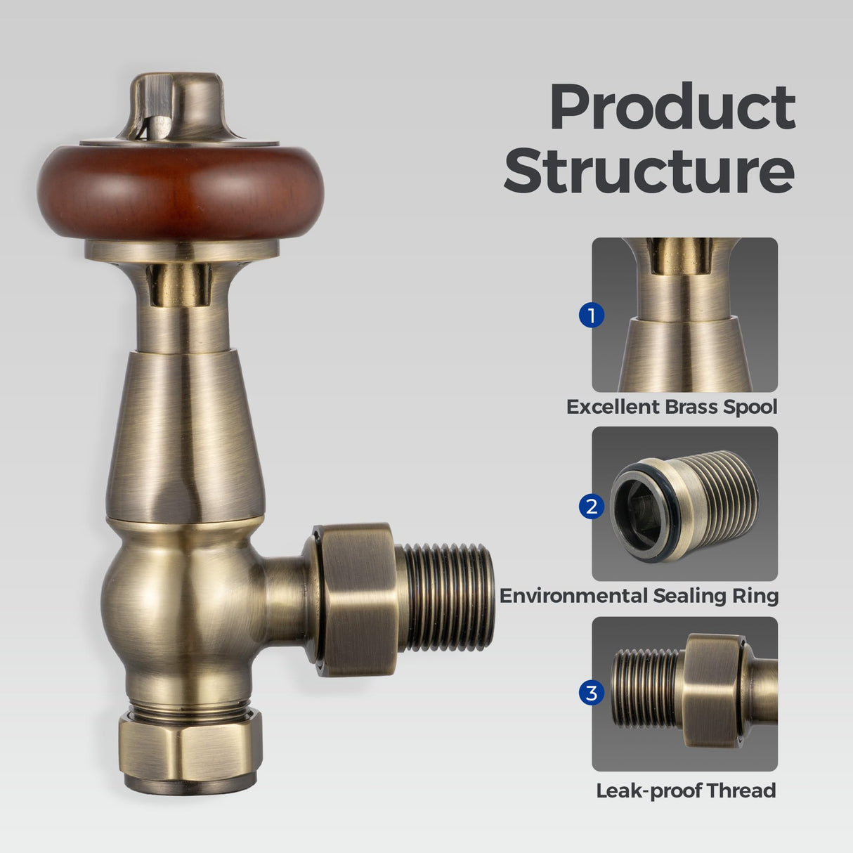 VANCOCO Traditional Angled Radiator Valves 1/2"×15mm, Brass Thermostatic Valve with Solid Wood Handwheel, Cast Iron Antique TRV Pair (Antique Brass)