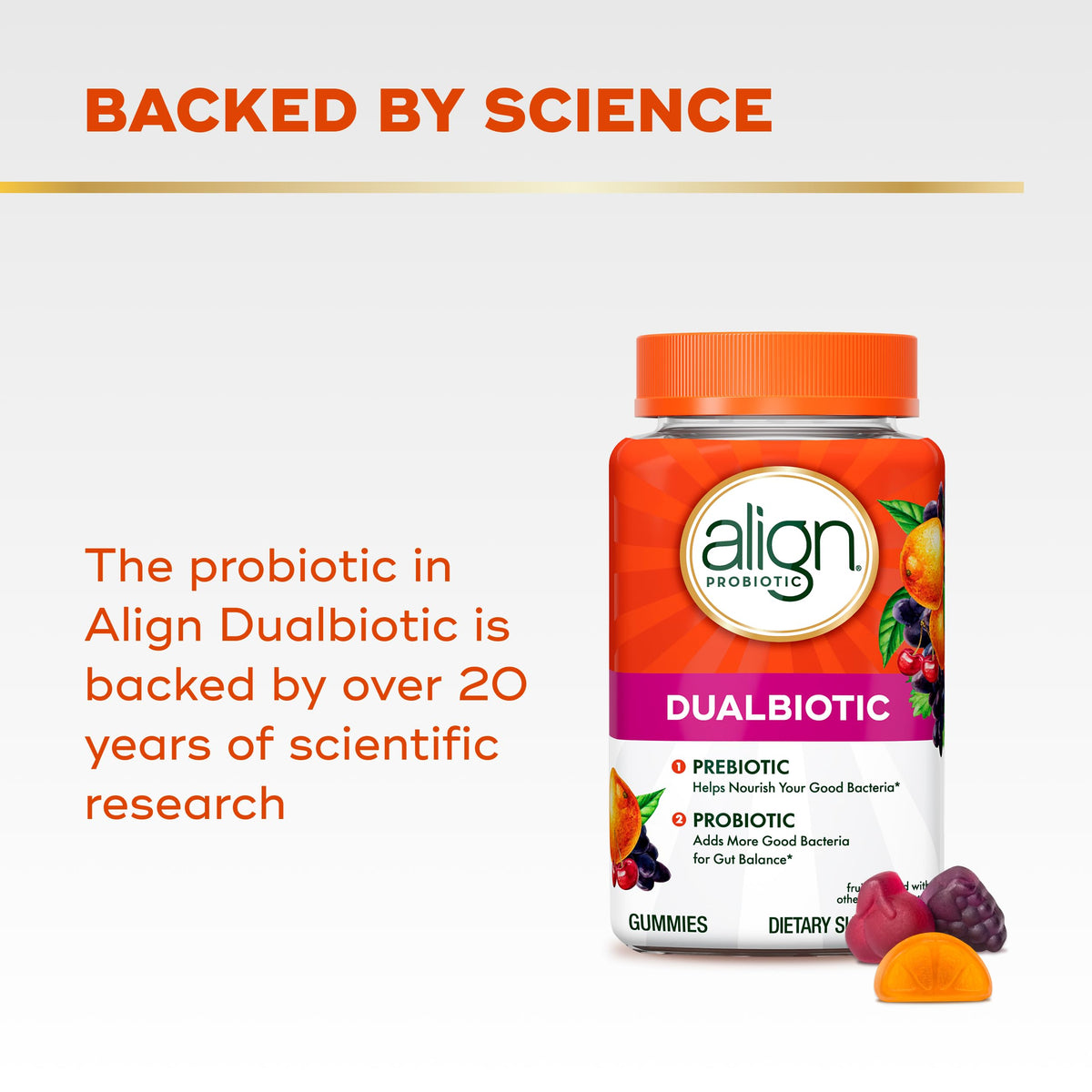 Align Dualbiotic, Prebiotics and Probiotics for Women and Men, Probiotics for Digestive Health, Prebiotics Help Nourish Good Bacteria, Natural Fruit Flavors, 90 Probiotic Gummies