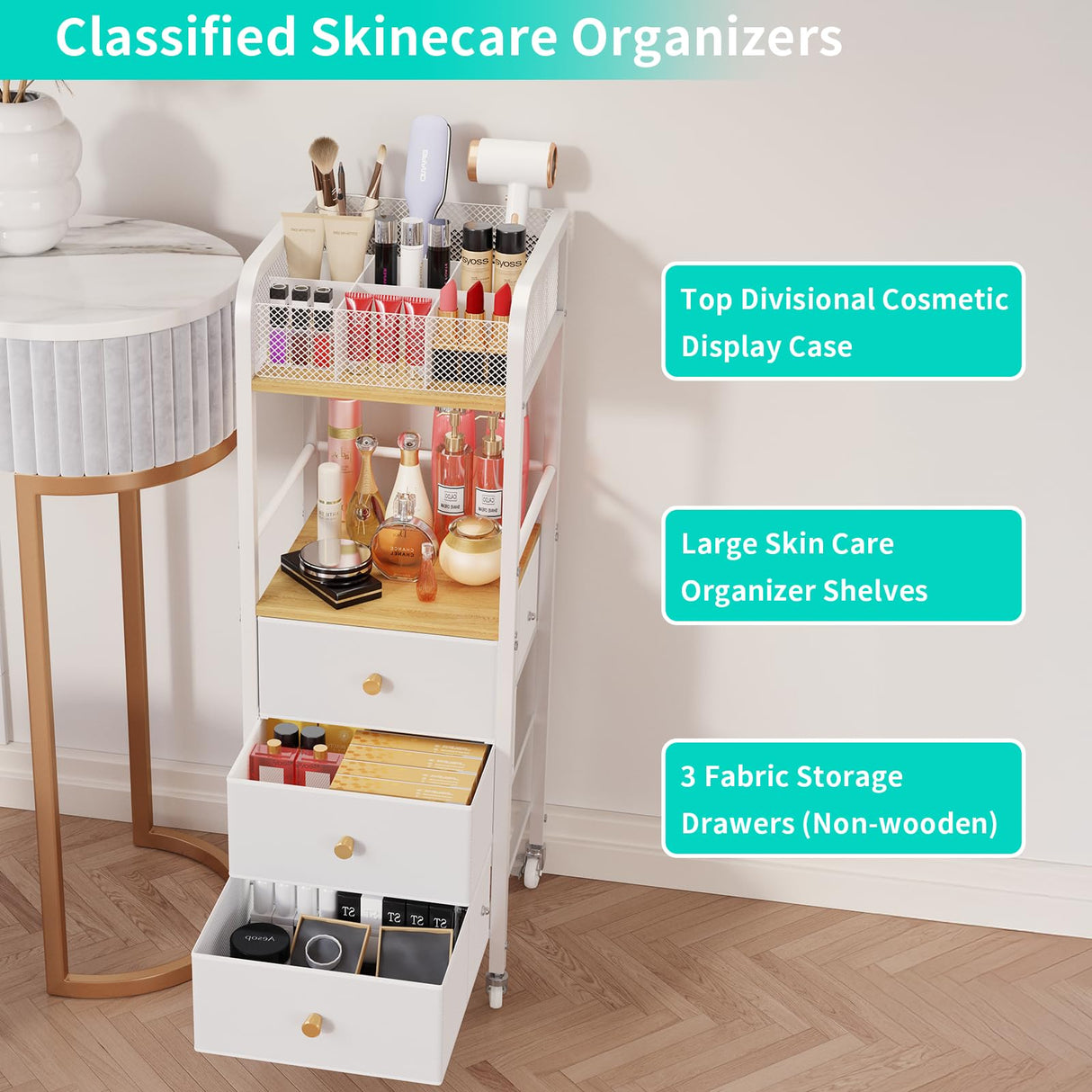 HapiRm Rolling Makeup Cart Organizer - Floor Skincare Make Up Storage with 3 Drawers, Vanity Organizer Cosmetic Display Cases Holder for Skin Care Perfume Nail Polish Brush Hair Tool