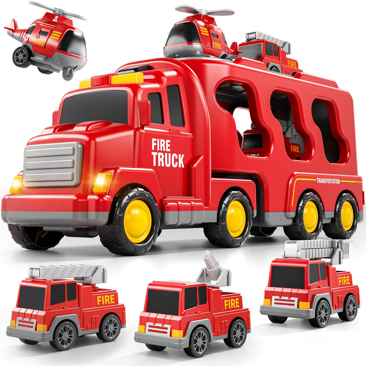 Bennol 5-in-1 Fire Trucks Toy Set for Boys Age 1-3 3-5, Fire Car Truck for Toddlers 1 2 3 4 5 6 Years Old, Christmas Birthday Gift Car Sets with Light Sound
