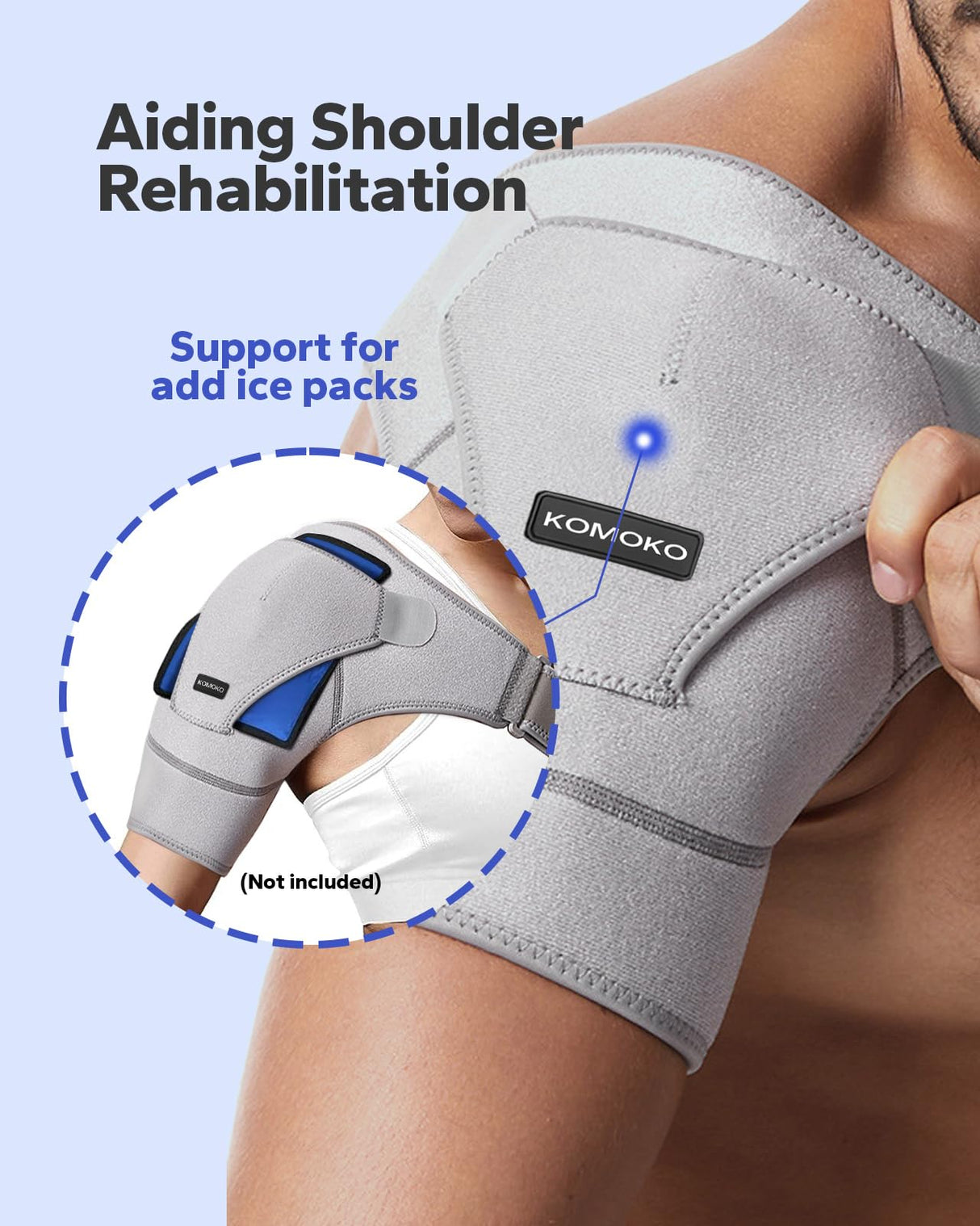 Komoko Shoulder Brace, Rotator Cuff Support Brace with Ice Pack Insertion Capability, Pressure for Preventing Strains and Dislocation, Alleviating Shoulder Pain, Adjustable Fit for Men and Women