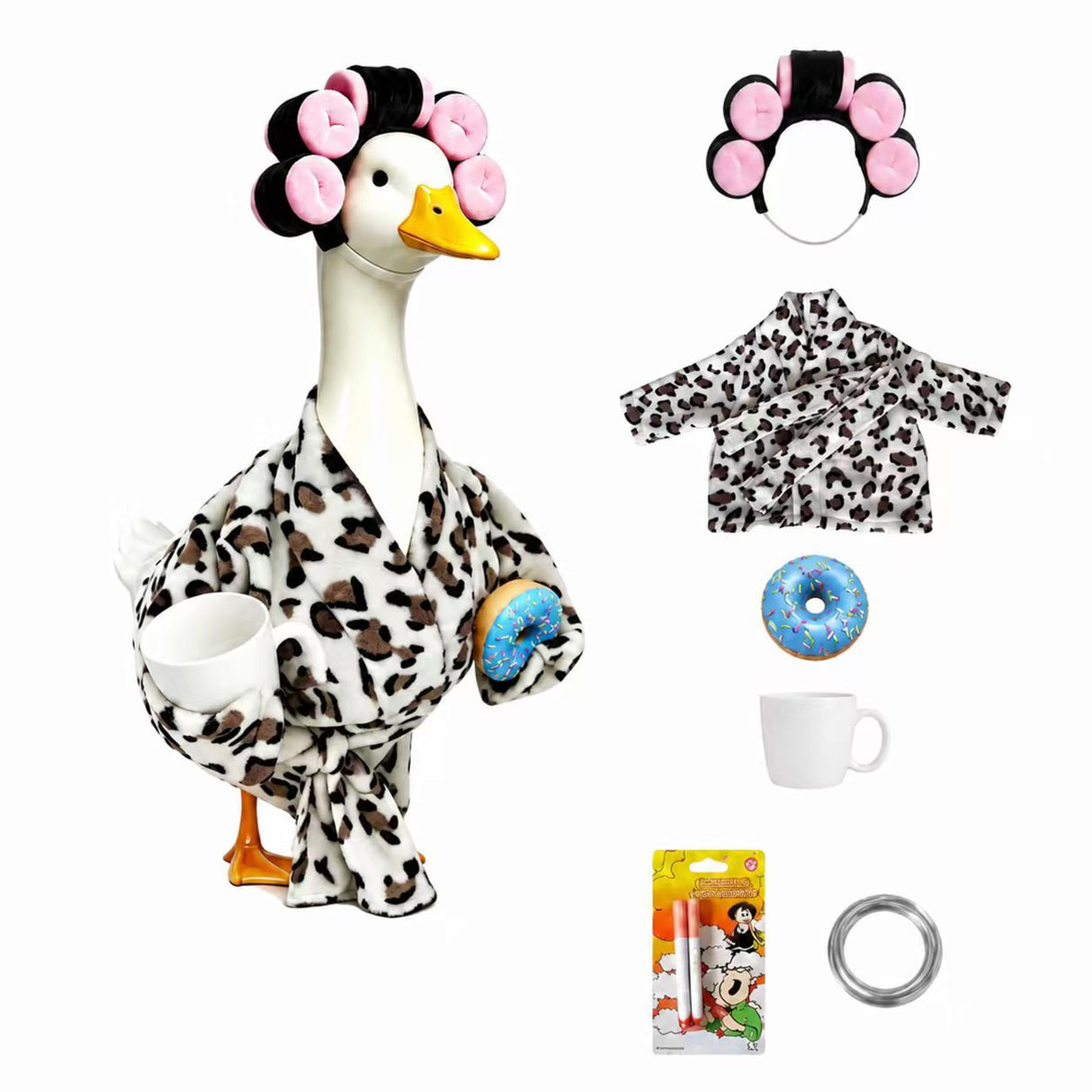 shpipa Goose Porch Outfit, 23-Inch Goose Statue, Leopard Print Bathrobe for Patio Home Decor, Comes with Curler, Waist Belt, Donut & Coffee Cup