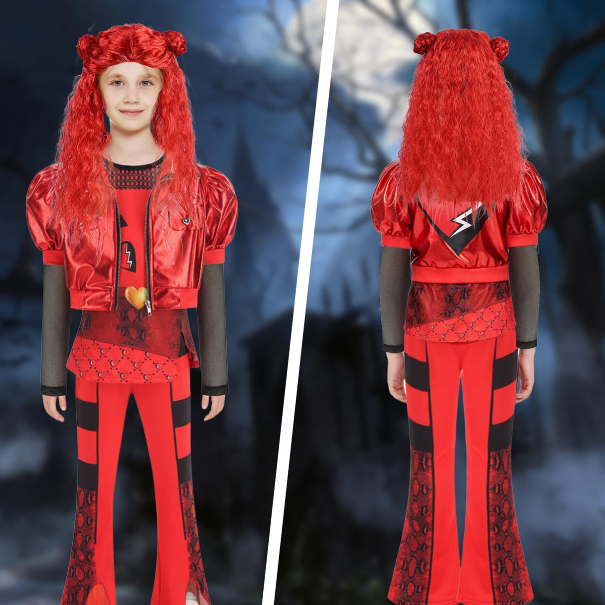 TAMOSKY Rise of Red Costume Girls Kids Halloween Christmas Cosplay Outfits with Red Cosplay Wig Includes Heart Shirt Jacket Pants Set Party Dress up for Kids 4-14Y