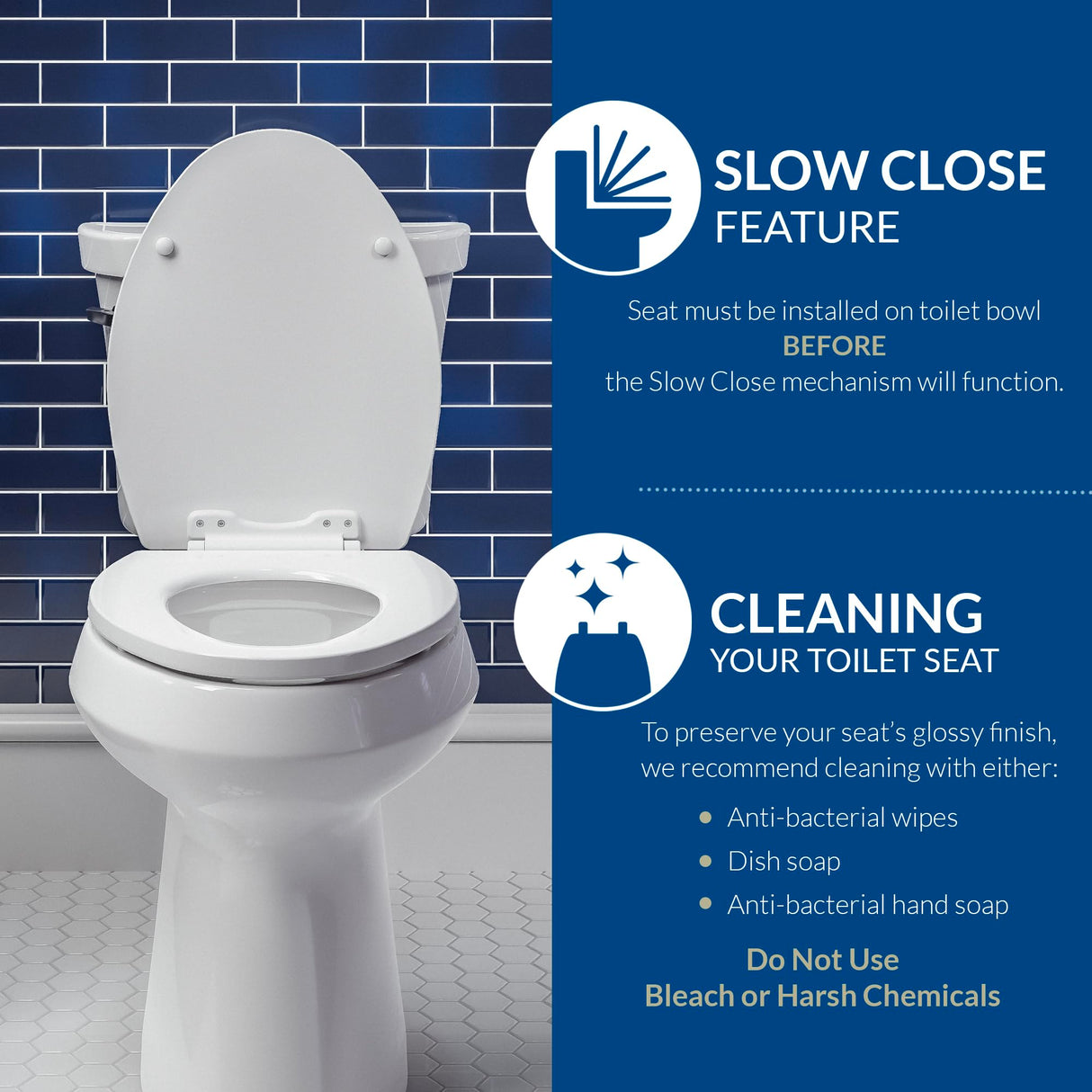 Mayfair Bennett Toilet Seat with Chrome Hinges, Slow Close Wood Seat, Secure Metal Hinges, Easy Install, Made in USA, Elongated, White