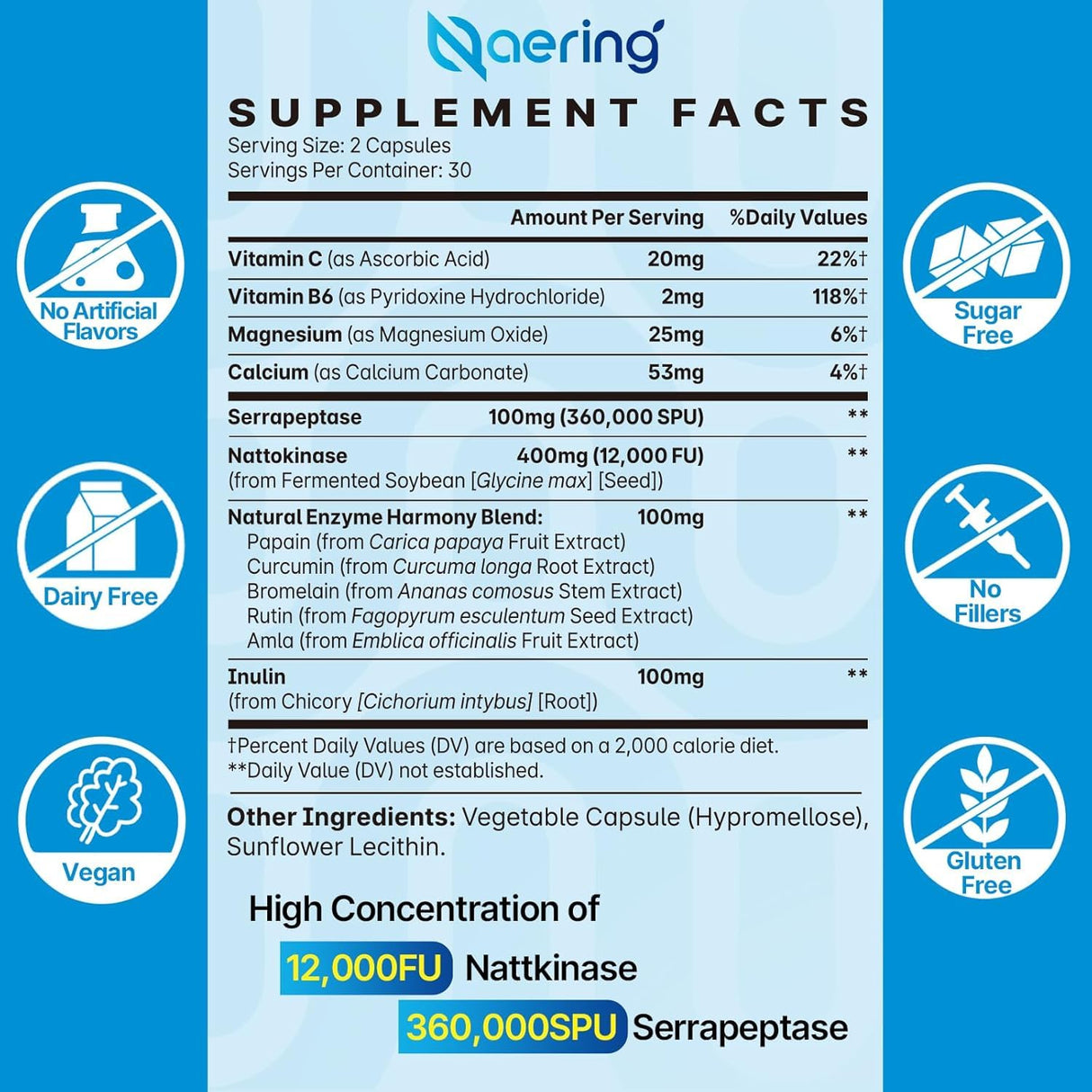 Liposomal Nattokinase 12,000 FU Serrapeptase 360,000 SPU Enzyme Supplement - Enriched with Synergistic Enzymes and Nutrient Blend & Inulin for Circulatory, Gut, Digestion 60 Capsules (1 Bottle)