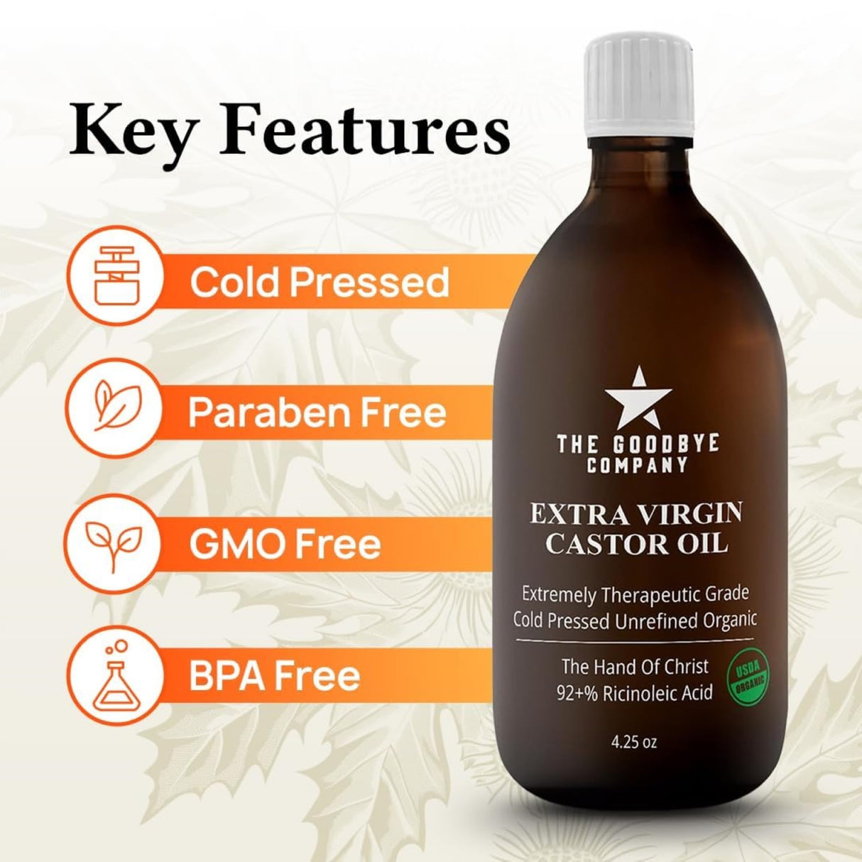 The Goodbye Company Organic Castor Oil – 4.25oz – 100% Pure, Cold-Pressed & Unrefined – Hexane-Free – Nourishing Oil for Healthy Skin, Hair Growth & Eyelashes (120mL)