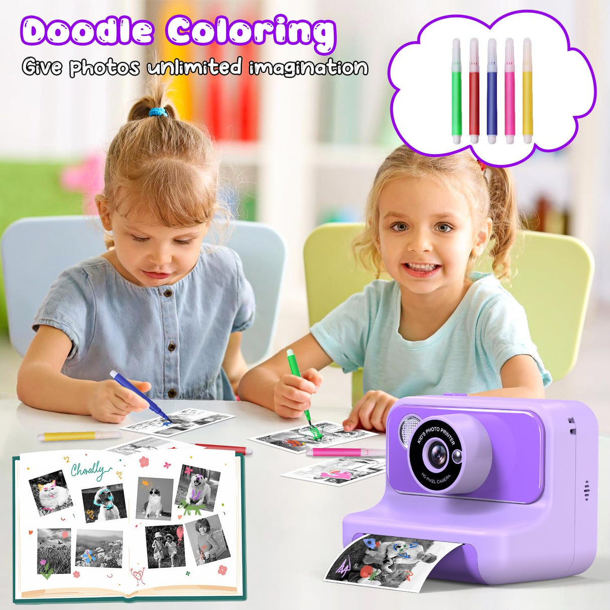 Kids Camera Instant Print, Christmas Birthday Gifts for Girls and Boys, 1080P HD Video Digital Kids Camera with 32G Card, Toddler Camera for 3-12 Years Old, Purple