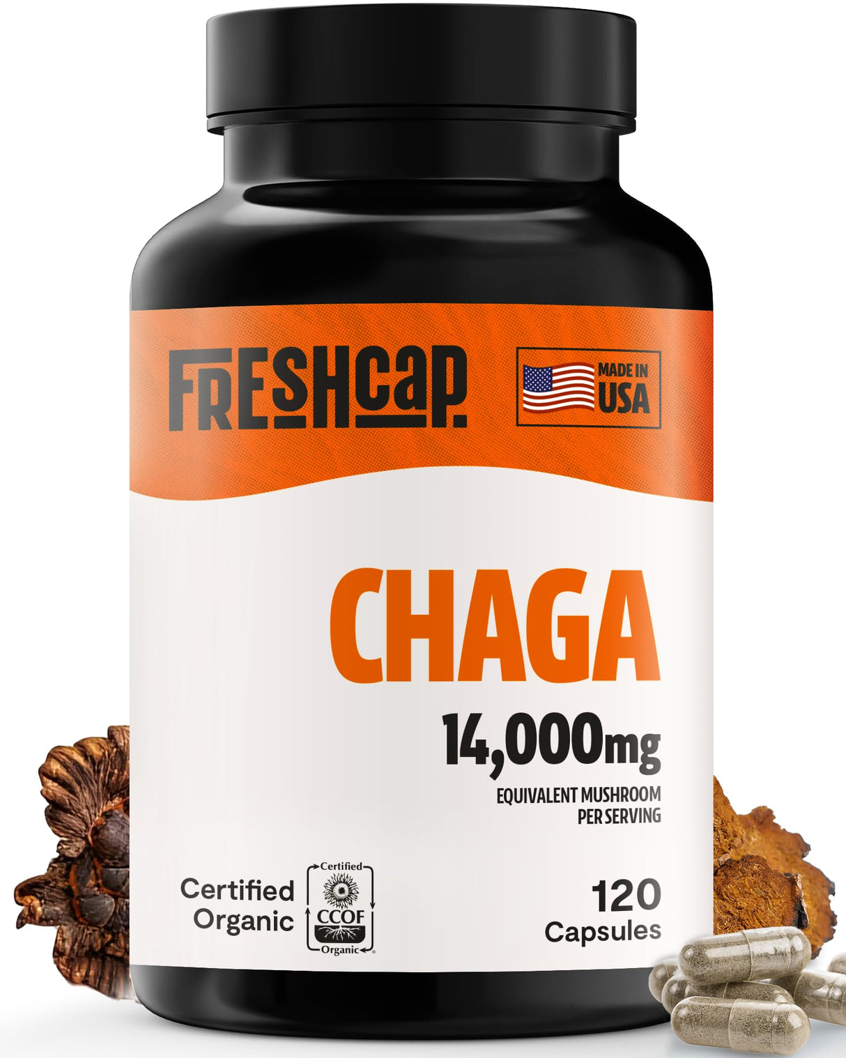 FreshCap Mushrooms Chaga Mushrooms Capsules 14,000mg - Mushroom Extract Antioxidants Supplement, Herbal Supplements, Ayurveda Nootropic Immunity Supplements (120 Capsules)