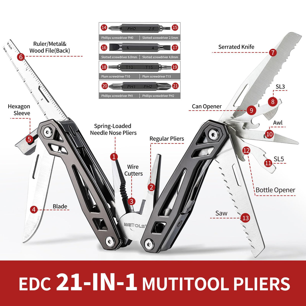 Father‘s Day Gifts for Men Dad Him, WETOLS 21-in-1 Multitools with Pocket Knife, Stainless Steel Self-locking Pliers with 8 Screwdriver Bits, Multi Tool Survival Gear, EDC Knife with Pouch for Outdoor