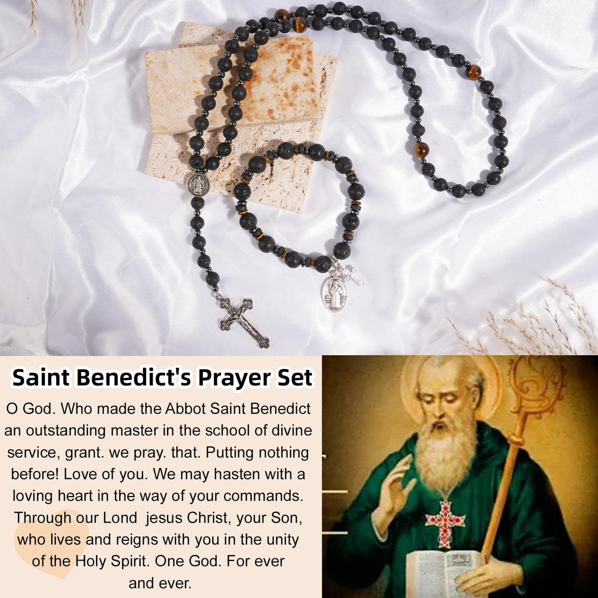 LGEPAH Rosary for Men, Black Lava Rock Beads with St. Benedict Bracelet