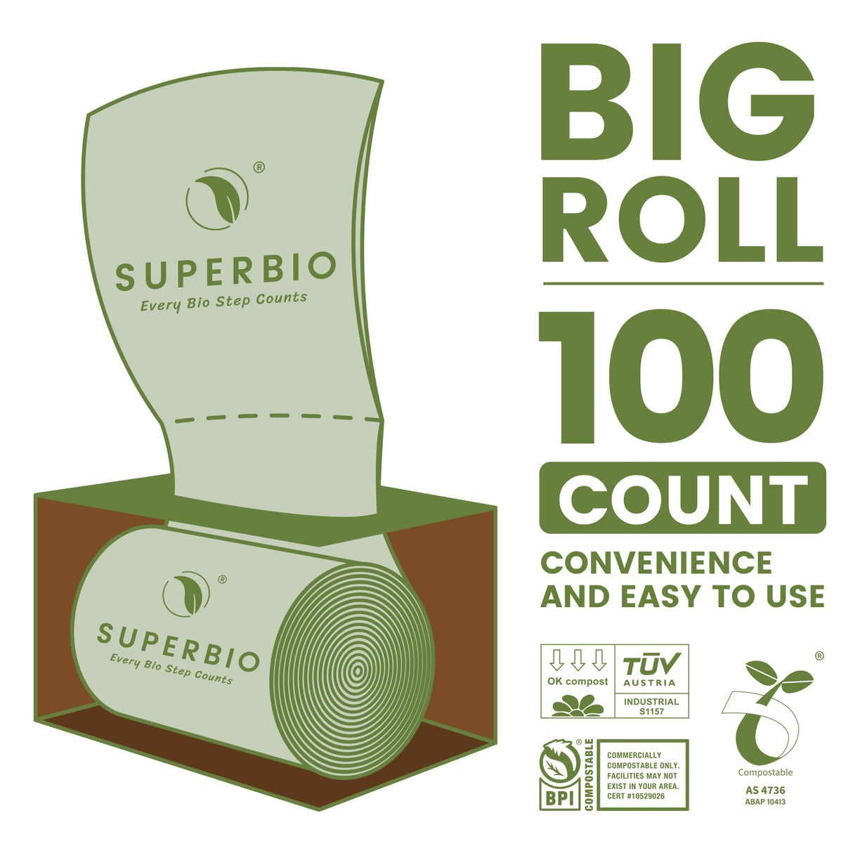 SUPERBIO 2.6 Gallon Compostable Food Waste Bags, 100 Count, 1 Pack, Flat Top Food Scrap Bags, ASTM D6400,Certified by BPI and OK compost INDUSTRIAL,9.84L