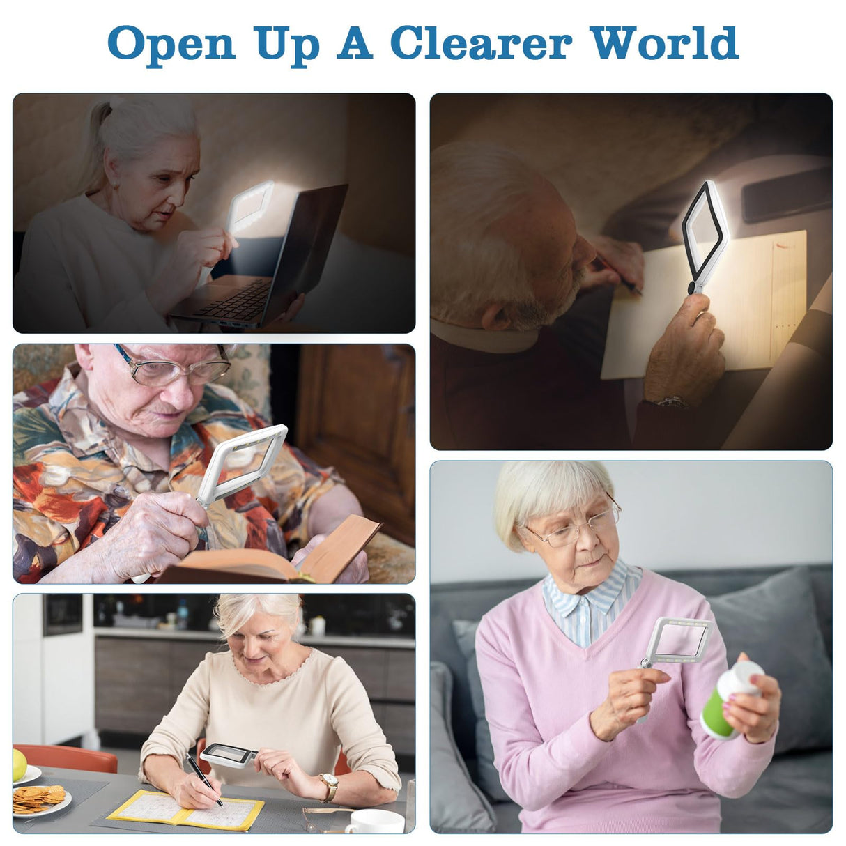 MoKo Magnifying Glass for Reading, Rechargeable 4X Full Page Book Magnifier, Magnifying Glass with Light 3 Modes, Folding Handheld Reading Magnifiers for Seniors Elderly Low Visions,Black