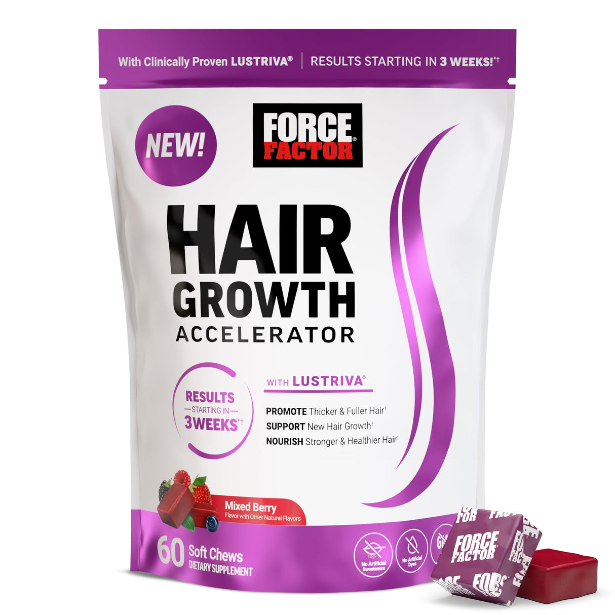 FORCE FACTOR Hair Growth Accelerator Soft Chews, Lustriva & Biotin to Promote Thicker, Stronger, Fuller Hair, Hair Growth Vitamins for Women, Clinically Studied, Mixed Berry, 60 Soft Chews