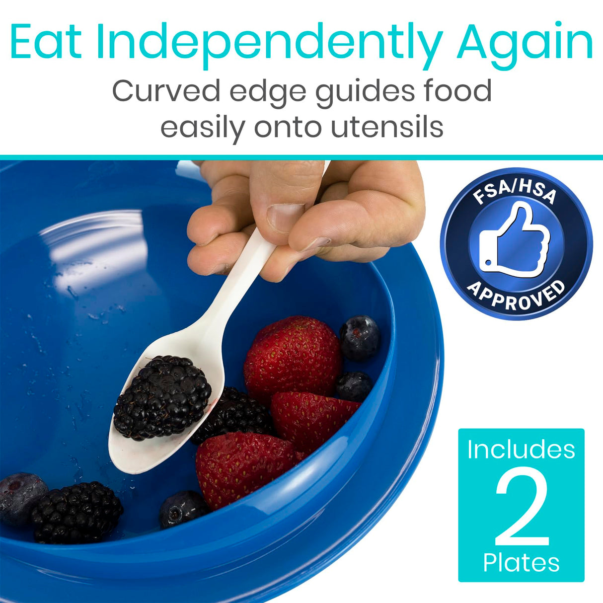 Vive Spill-Proof Scoop Plate, 9" (2 Pack) - Dish with Wall for Disabled, Handicapped, Elderly Adults with Special Needs from Parkinsons, Dementia, Stroke, Tremors with - Non Skid Padded Bottom