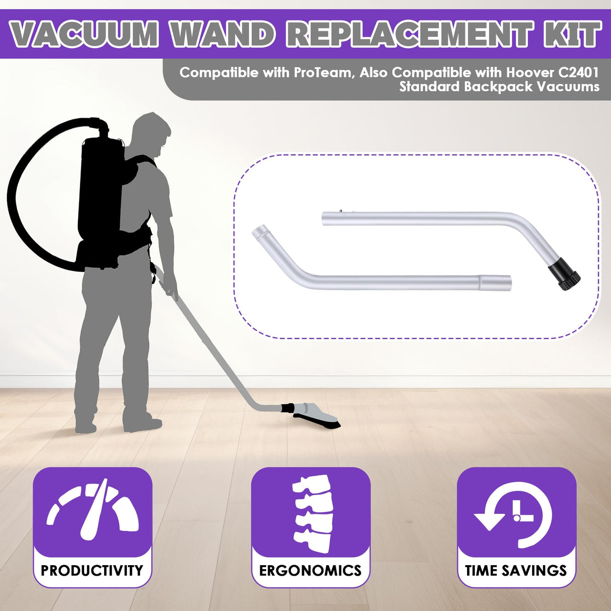 HappyAlley 1 Pack Vacuum Wand Replacement, 2 Piece Aluminum S-Wand Compatible with Proteam Backpack, Commercial Vacuum Parts & Accessories, Also Compatible with Hoover Backpack C2401, Fit 1.5'' Hole