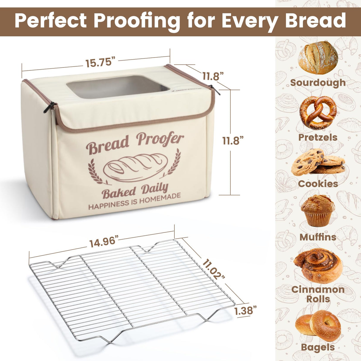 Folding Bread Proofing Box with 68-104℉ Temp Control & 48H Timer, Dough Proofer with Metal Rack, Proofing Box for Sourdough, Bread Baking, Pizza, Yogurt, Kombucha, Space-Saving & 5-Layer Fabric
