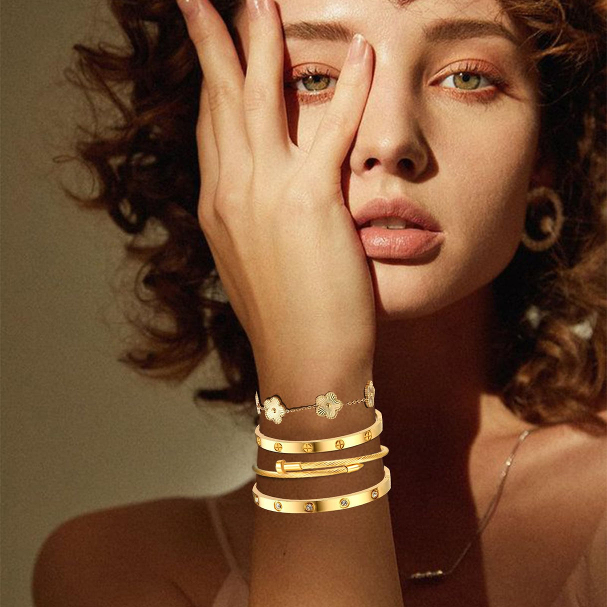 Womens Stackable Floral Gold Bracelets - 4Pcs 18K Gold Plated Bracelet,Stainless Steel Bangle Bracelets Non Tarnish, Gold Bracelet Set Trendy Jewelry,Christmas Valentines Birthday Gifts for Girlfriend