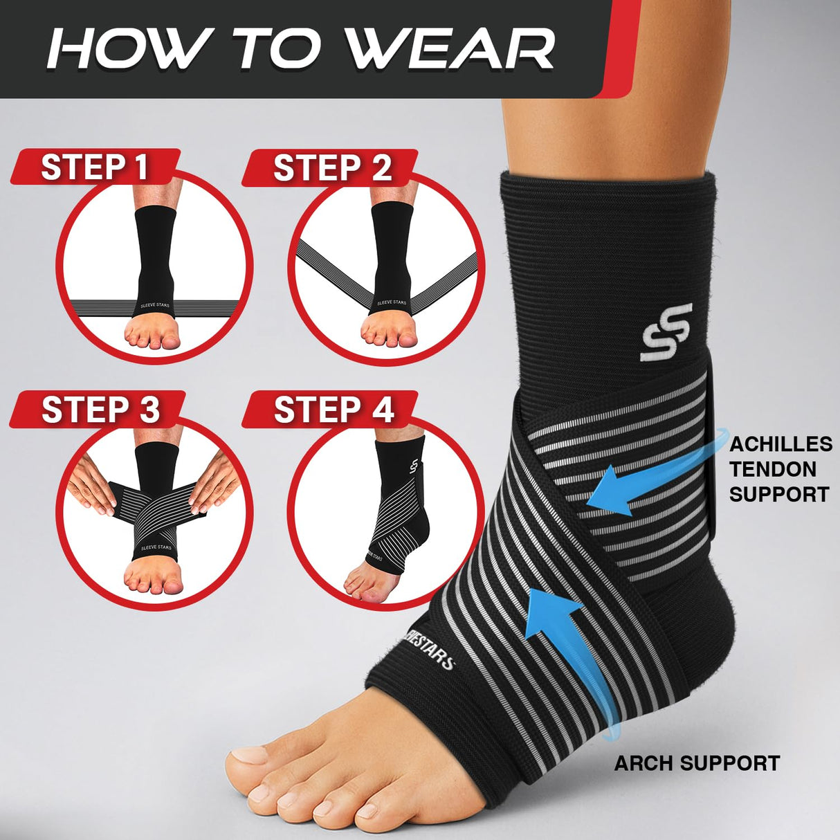 Sleeve Stars Ankle Brace for Women & Men, Ankle Wrap for Sprain, Compression Sleeve for Plantar Fasciitis Relief, Easy Customizable Support: w/ Removable Strap (Single/M:10"-12"/Black)