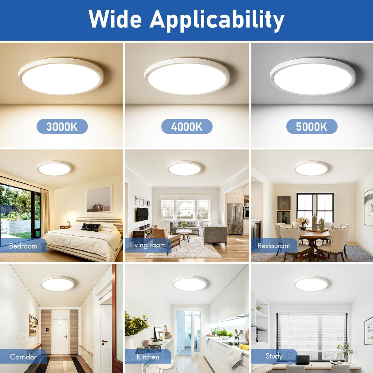 6 Pack 12 Inch Hardwired Dimmable LED Flush Mount Ceiling Light Fixtures, 24W 2640LM 3000K/4000K/5000K, House Upgrade Led Lights for Bedroom Hallway Laundry Room Rental Units, 240W Equiv., Black