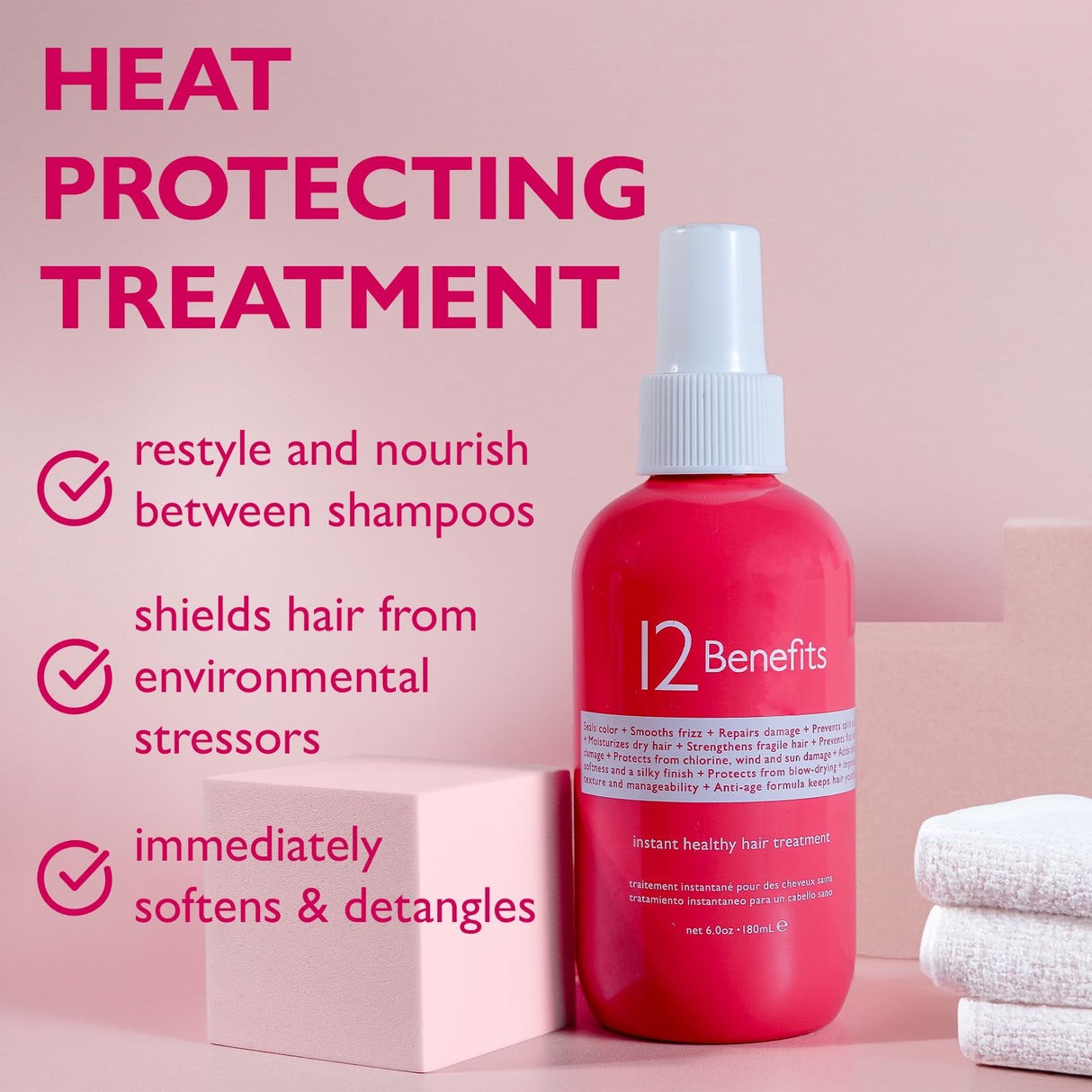 12 Benefits Instant Healthy Hair Treatment, Leave-In Conditioning, Smoothes Frizz, Strengthens & Repairs, Heat Protection Spray, 6 Fl Oz (Pack of 2)