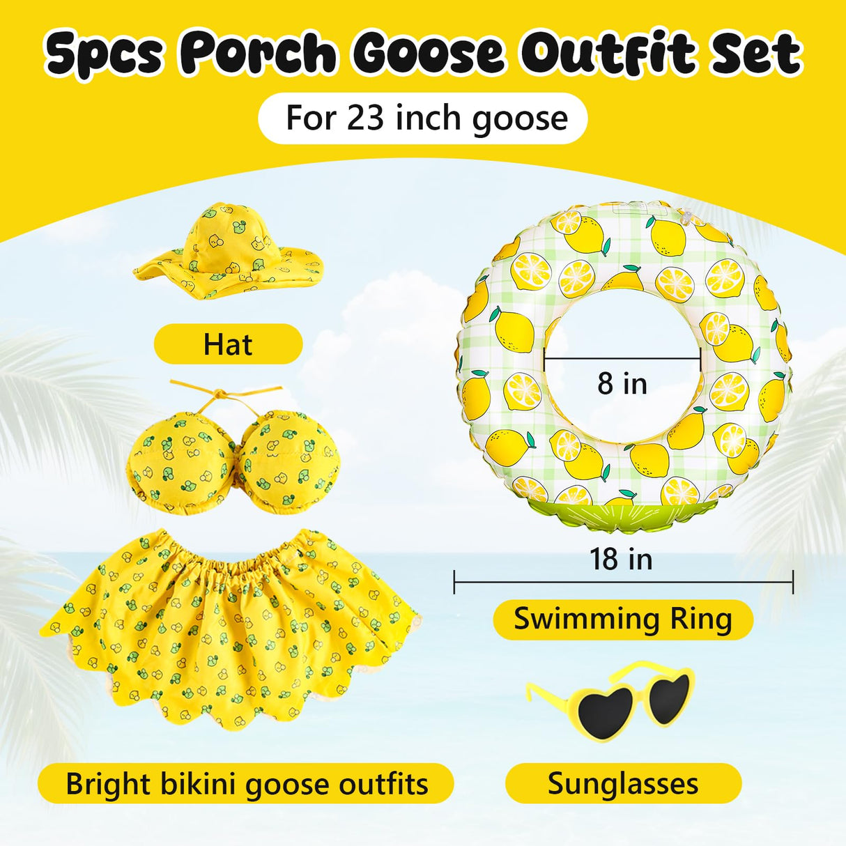 DORONAN Bikini Porch Goose Outfits, 23" Goose Statue Bikini Lemon Costume Summer Porch Goose Outfits, Durable Hawaiian Goose Clothes with Sunglasses and Swim Ring, Outdoor Yard Patio Garden Decor