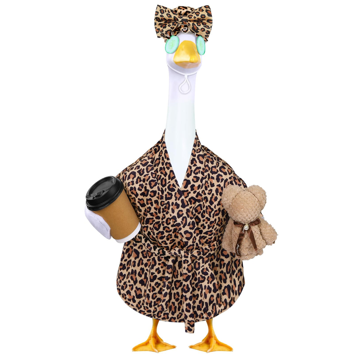 Celltestria Lady Goose Outfits for 23" Geese Bathrobe Brown Leopard Porch Goose Costume Coffee Cup Bear Cucumber Eye Mask Goose Clothes for Outdoor Patio Yard Lawn Garden Decoration