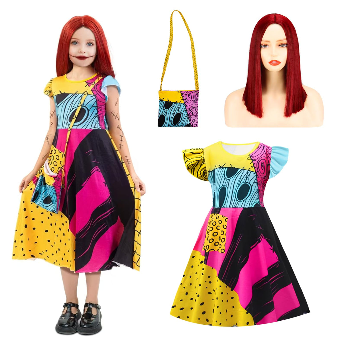 DVDGSC Halloween Sally Costume for Girls: Sally Dress Red Wig Bag - Cosplay Dress Up for Kids - Halloween Christmas Party Outfit (M)