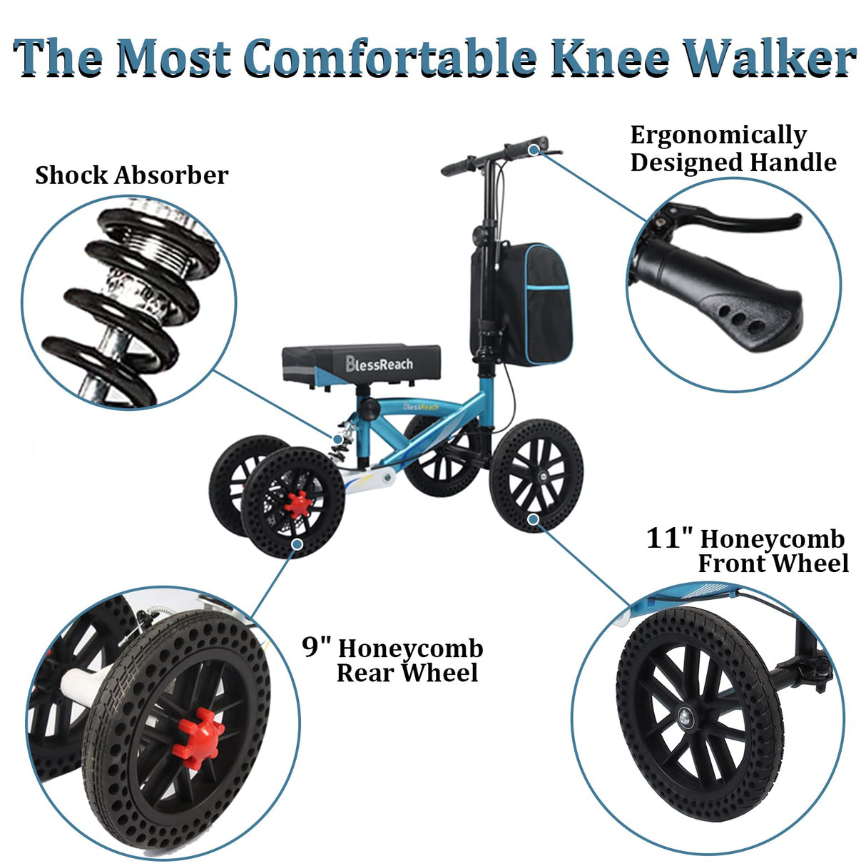 BlessReach Knee Scooter, All Terrain Foldable Knee Scooter Walker, Disc Brake Knee Walker for Foot Injuries Compact Crutches Alternative