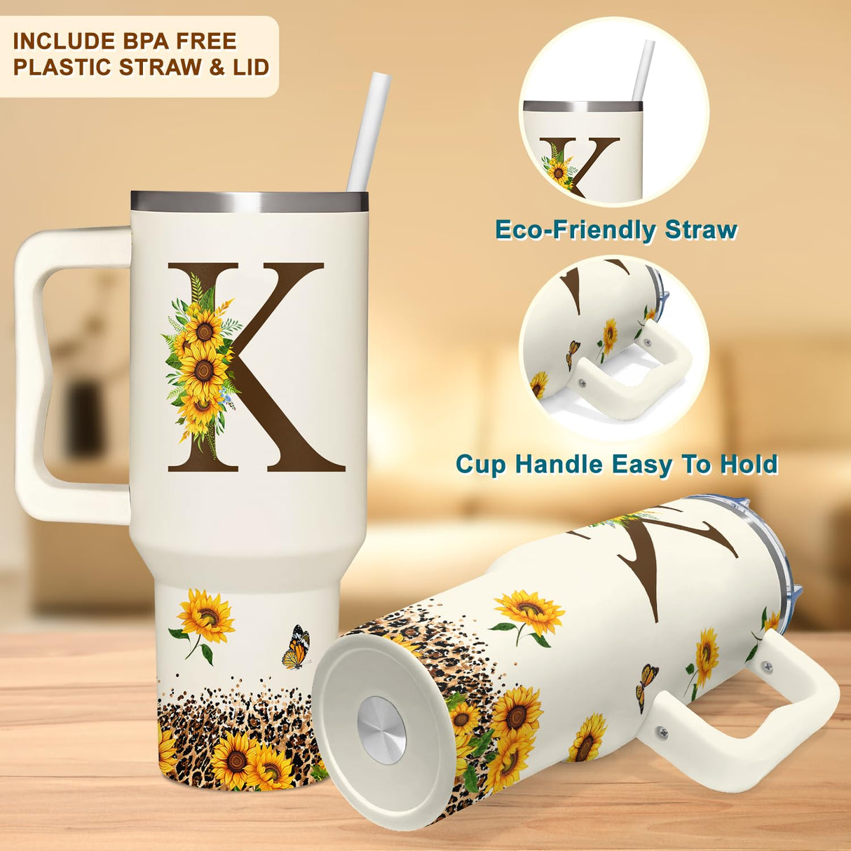 Personalized Birthday Gifts For Women - Sunflower Gifts For Women, Mom - Christmas Gifts For Womens, Mother's Day Gift For Mom, Boss - Monogrammed, Initial Tumbler Handle 40oz W Lids & Straws, K