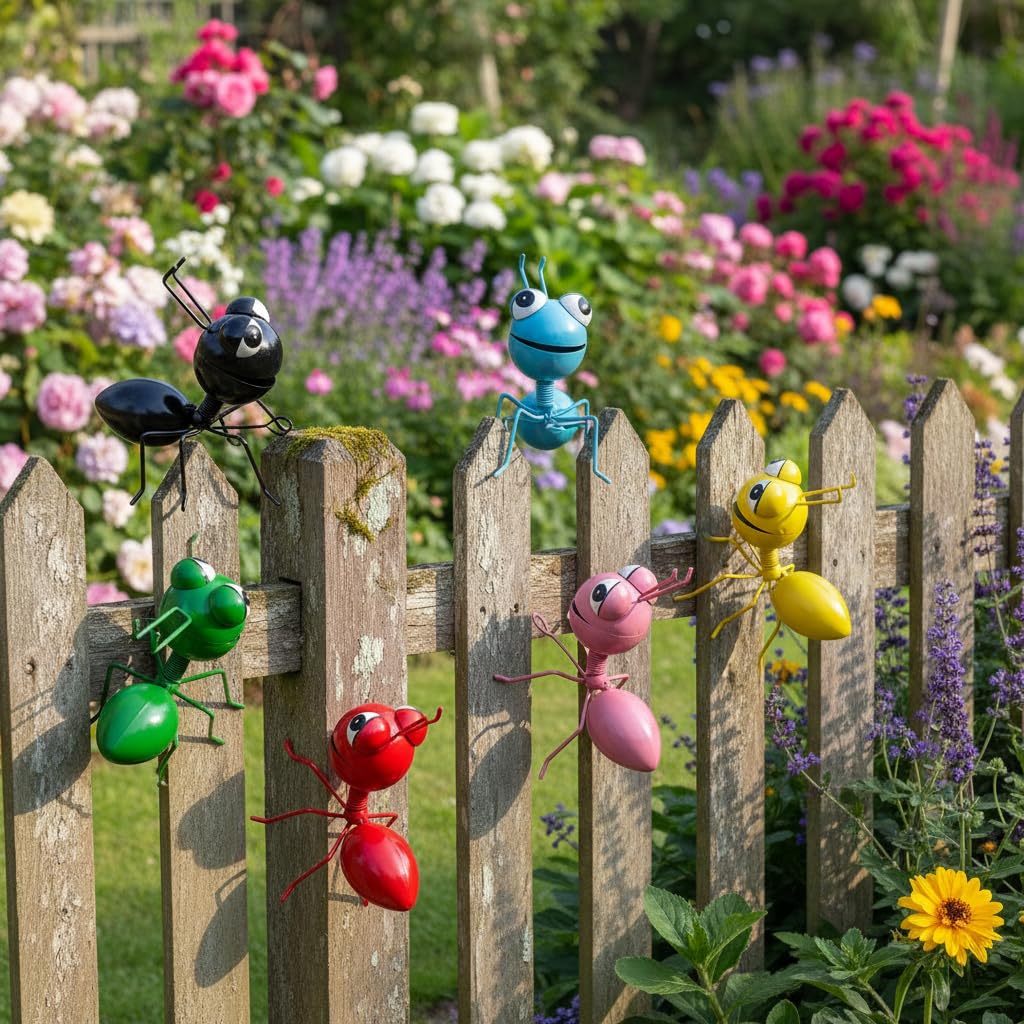 Cruis Cuka Metal Ants Wall Decor, Set of 6 Cute Garden Hand Painted Decorations for Outdoor Fence Patio Yard, Rustic Farmhouse Hanging Sculptures