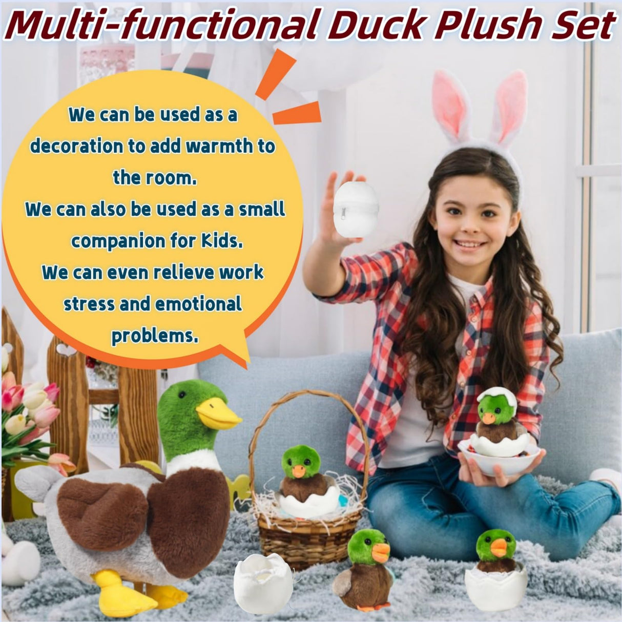 7 in 1 Mallard Duck Stuffed Animals Duck Plush Toys, 12" Zipper Mommy Stuffed Ducks with 4 Baby Ducks Ducklings Toy Eggs Plushies Pillow for Kids Birthday Christmas Surprise Gifts Farm Party Decors