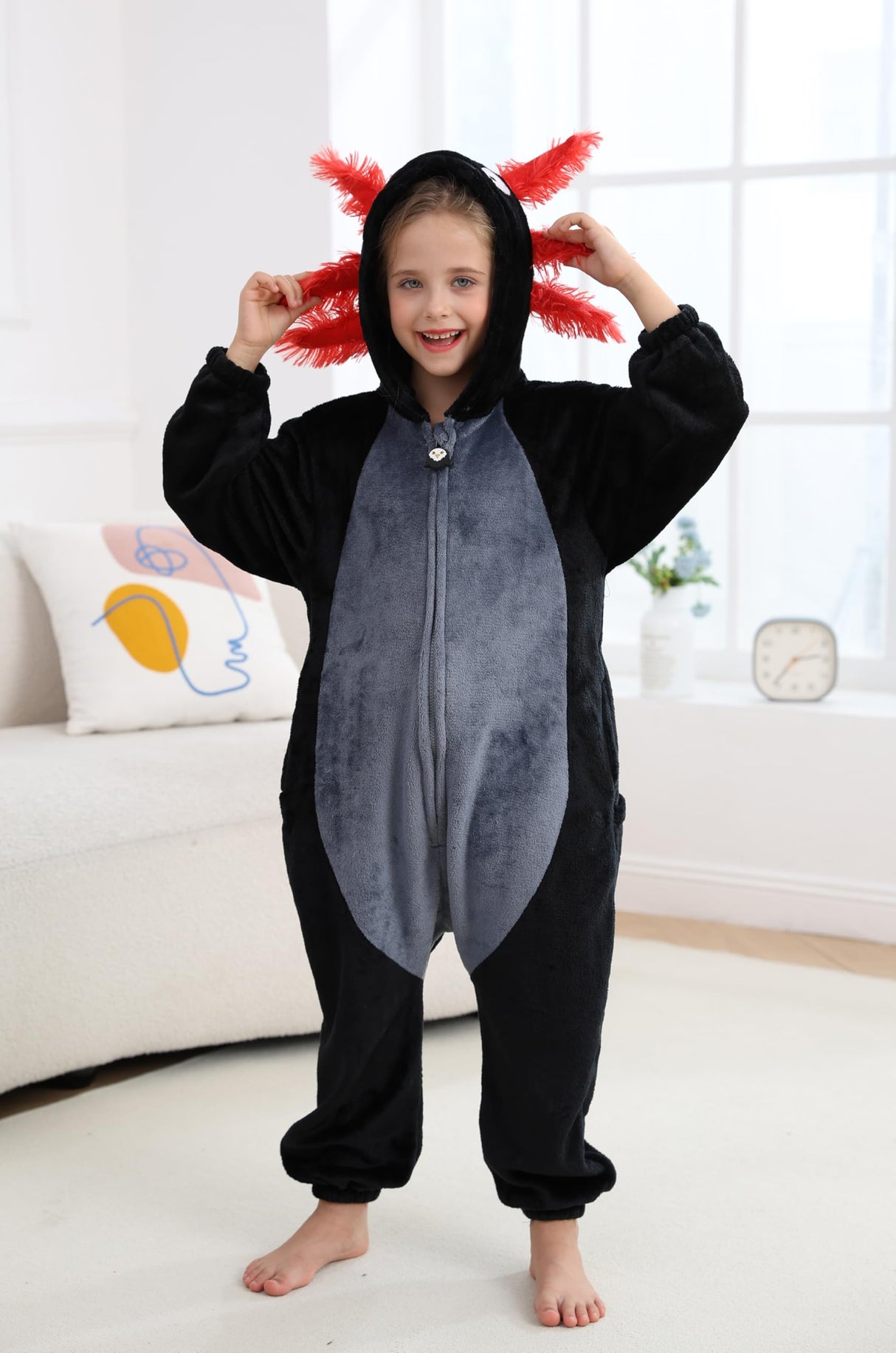 CuteOn Black-Red Axolotl Onesie Kids Animal Pajamas for Boys Girls Halloween Christmas Costume Cosplay Sleepwear Height for 140cm