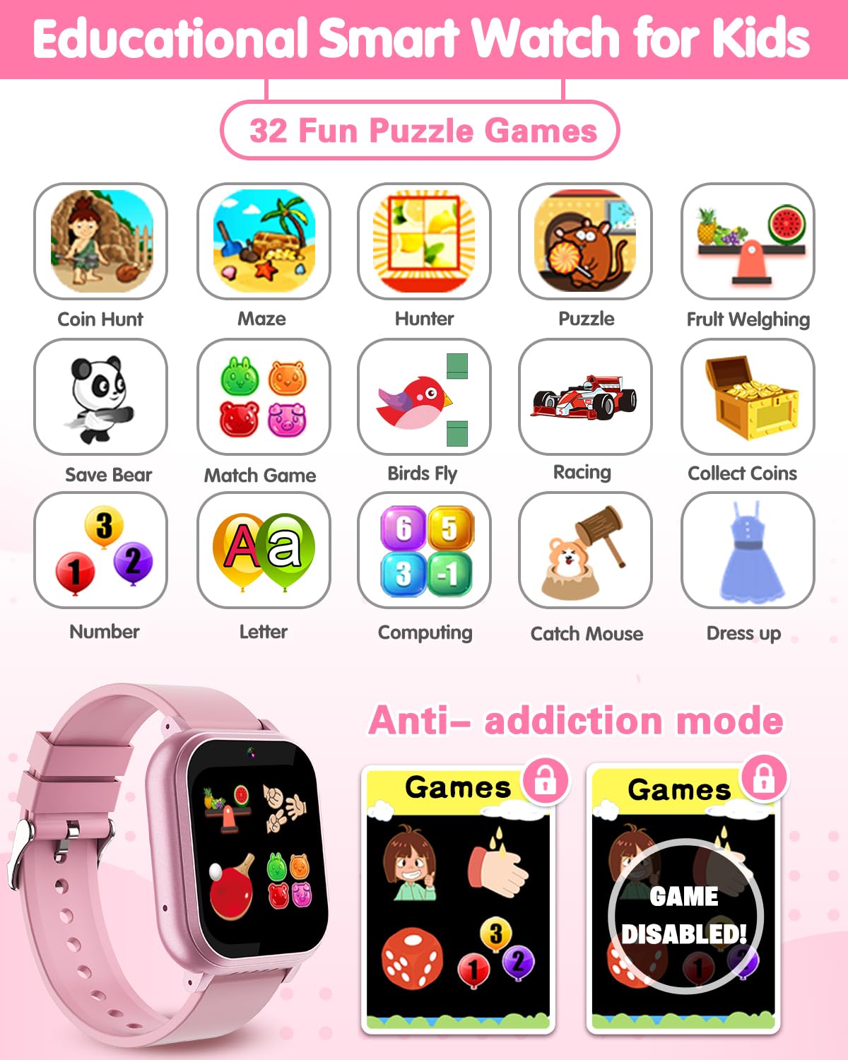 Kids Waterproof Smart Watch Girls Toys Age 6-8, Kids Watch with 32 Games Dual Camera HD TouchScreen Music Habit Tracking Alarm Pedometer Christmas Birthday Gifts Ideas for Girls 3-12 Year Old(Pink)