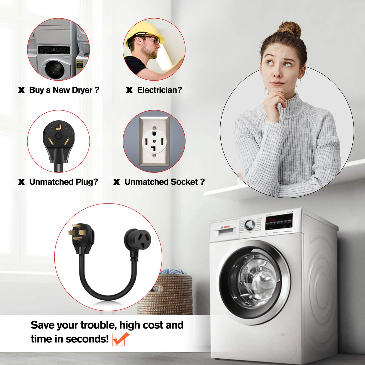WELLUCK 1.5FT 3 Prong to 4 Prong Dryer Adapter, 3 to 4 Prong Dryer Plug Adapter, 4 Prone Dryer Outlet Adapter, 14-30P Male to 10-30R Female Receptacle for Old Clothes Dryer Converter, 30A, 250V