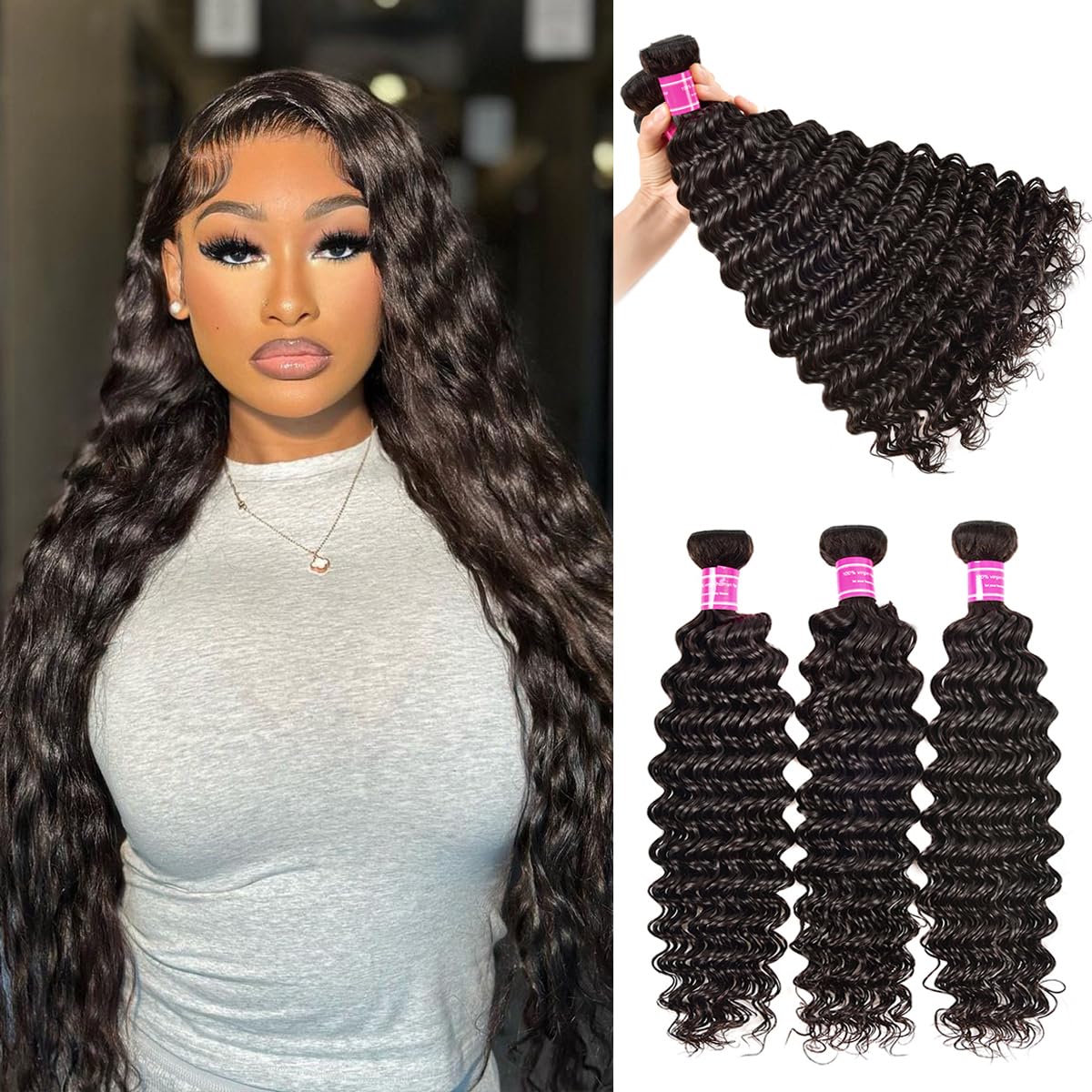 Deep Wave Bundles Human Hair Brazilian 3 Bundles Human Hair Weave Bundles 22 24 26 Inch 100% Unprocessed Virgin Human Hair Curly Bundles Double Weft Wet and Wavy Bundels Human Hair for Black Women