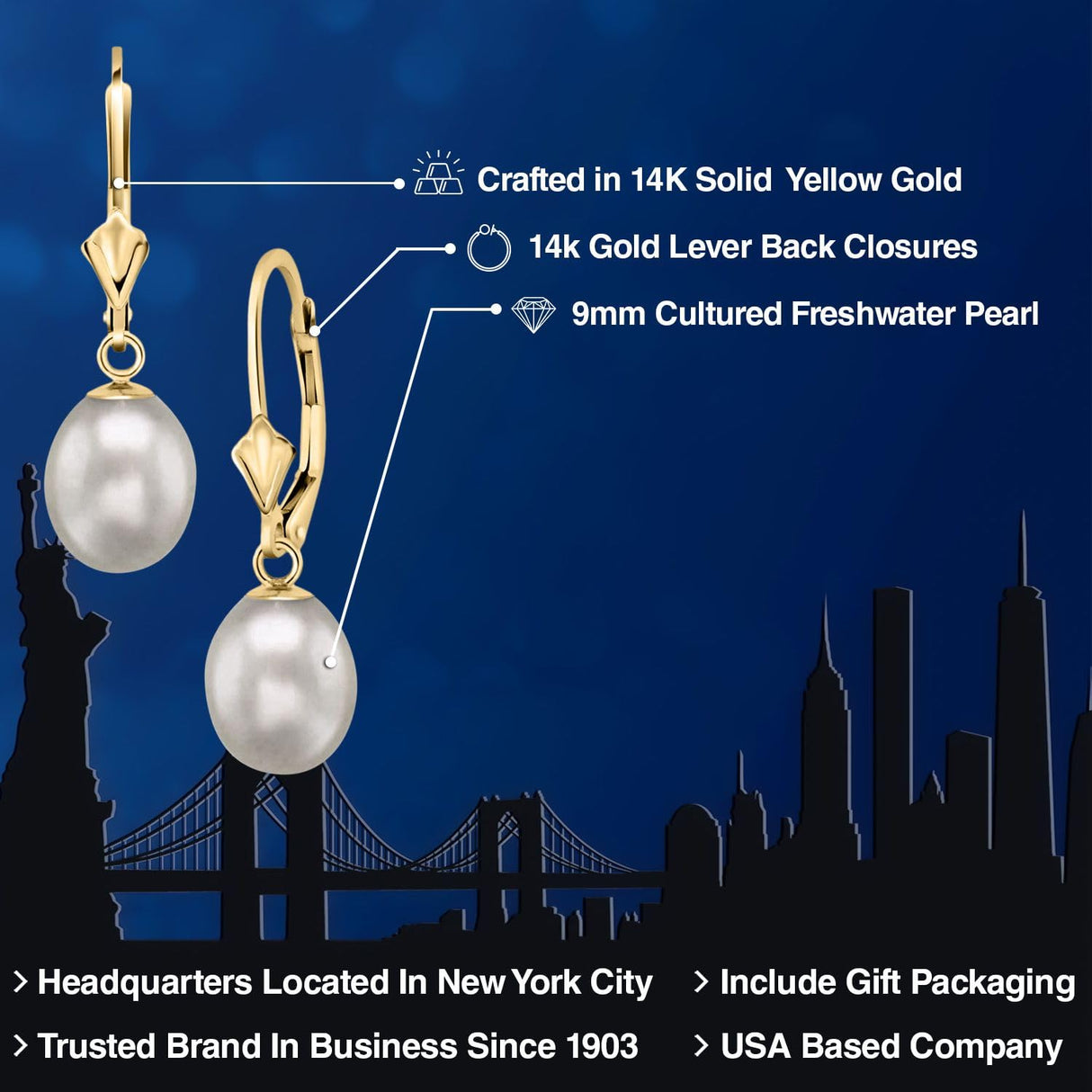 Gem Stone King Cultured Freshwater Pearl Earrings, White, Yellow Gold
