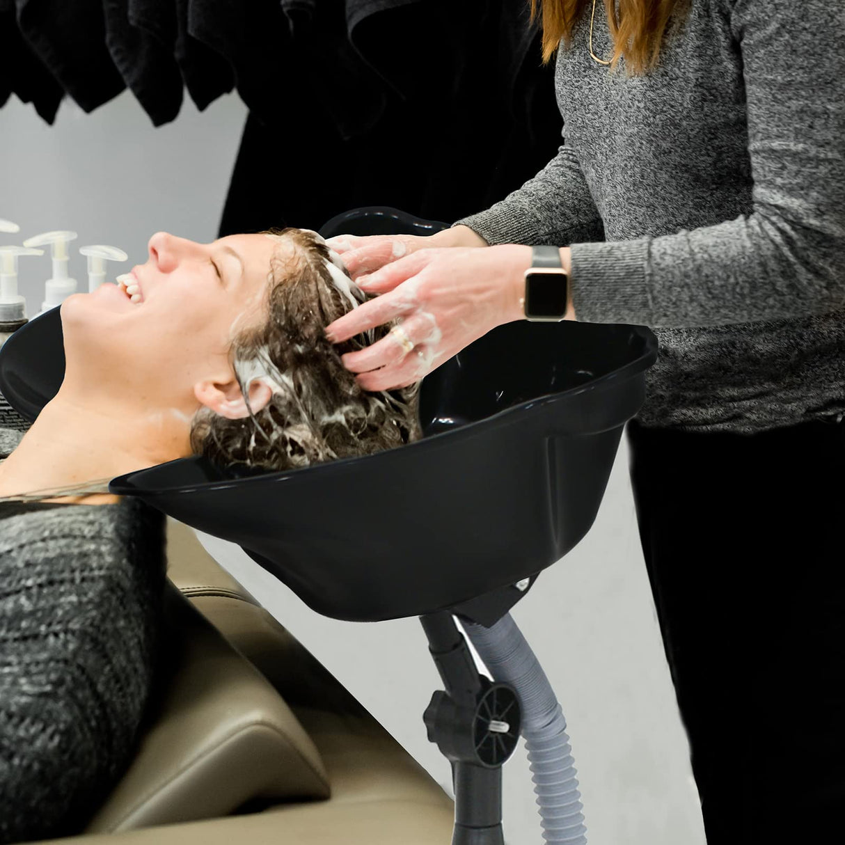 Height Adjustable Portable Salon Deep Shampoo Basin Sink Hair Treatment Bowl with Drain Hose Black